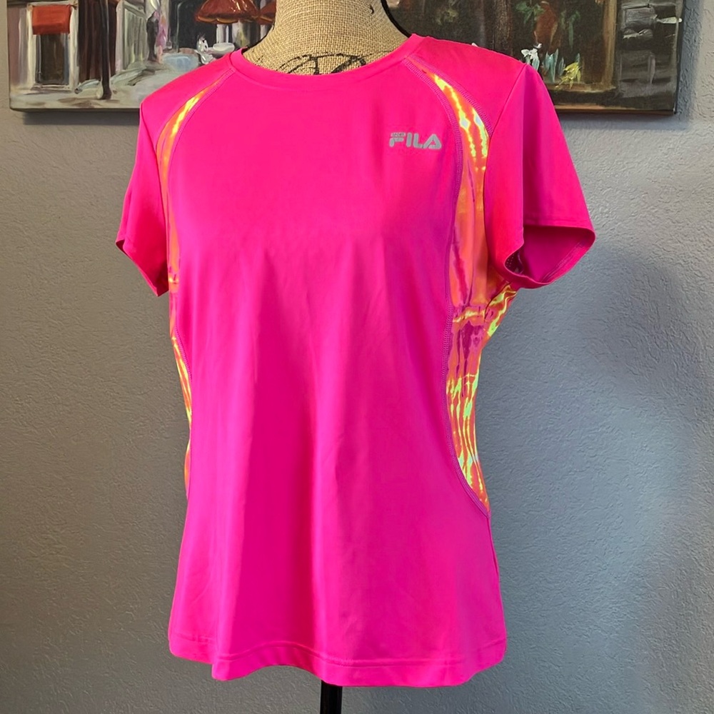 Fila Sport T-Shirt neon bright pink orange yellow accent fabric athletic top L